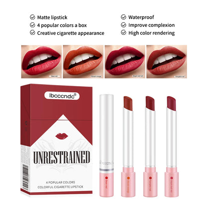 4 Colors Cigarette Shaped Lip Gloss Set Matte Velvet High Pigment Waterproof Long Lasting Non Transfer Portable Mini Lip Makeup Cosmetic