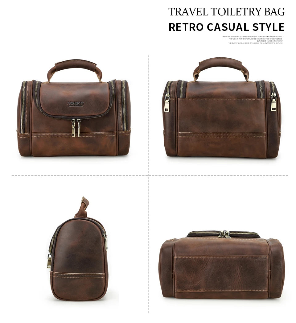Men Genuine Leather Travel Business Toiletry Shaving Bag Women Retro Cosmetic Washing Shower Organizer Handbag Large Capacity