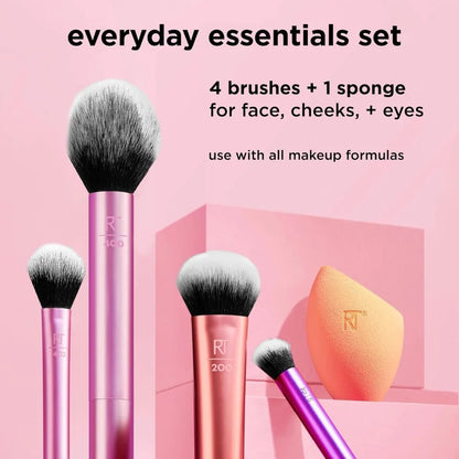 2026 Real Techniques 6 Piece Everyday Essentials Makeup Brush Set Sponges Blush Bronzer Contour Eyeshadow Powder Travel Gift Set