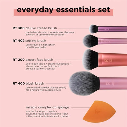 2026 Real Techniques 6 Piece Everyday Essentials Makeup Brush Set Sponges Blush Bronzer Contour Eyeshadow Powder Travel Gift Set