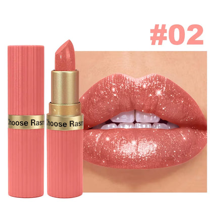 Pearlescent Pink Glitter Velvet Lipstick Metallic Waterproof Long Lasting Matte Shimmer Diamond Lipstick Women Makeup Cosmetic