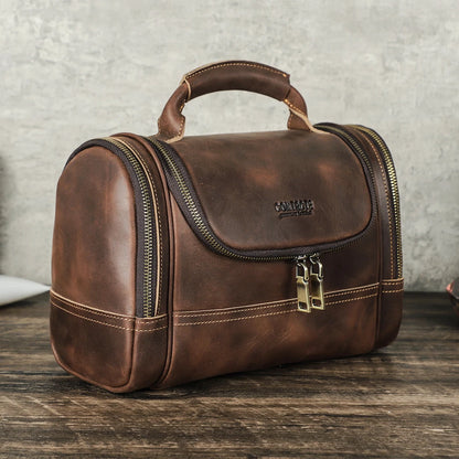 Men Genuine Leather Travel Business Toiletry Shaving Bag Women Retro Cosmetic Washing Shower Organizer Handbag Large Capacity