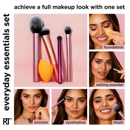 2026 Real Techniques 6 Piece Everyday Essentials Makeup Brush Set Sponges Blush Bronzer Contour Eyeshadow Powder Travel Gift Set