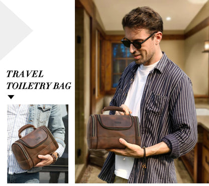 Men Genuine Leather Travel Business Toiletry Shaving Bag Women Retro Cosmetic Washing Shower Organizer Handbag Large Capacity