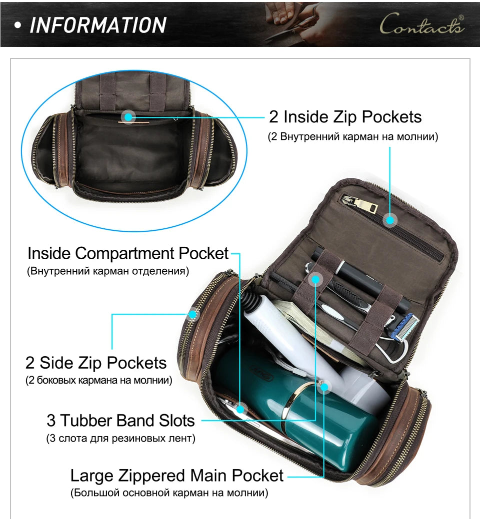 Men Genuine Leather Travel Business Toiletry Shaving Bag Women Retro Cosmetic Washing Shower Organizer Handbag Large Capacity