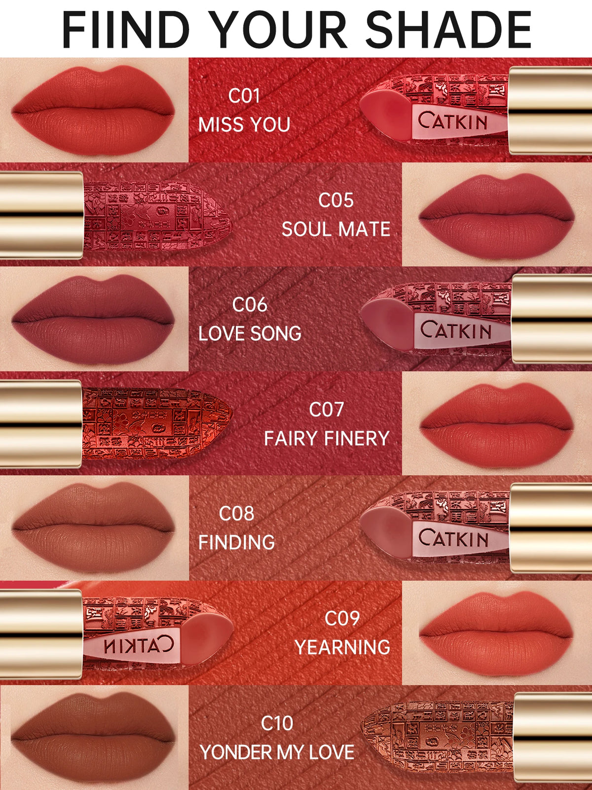 CATKIN Dreamworld Carving Lipstick, Waterproof Long Lasting Satin Nourish Moisturizing Smooth Soft 0.13 Ounce-Chinese Style