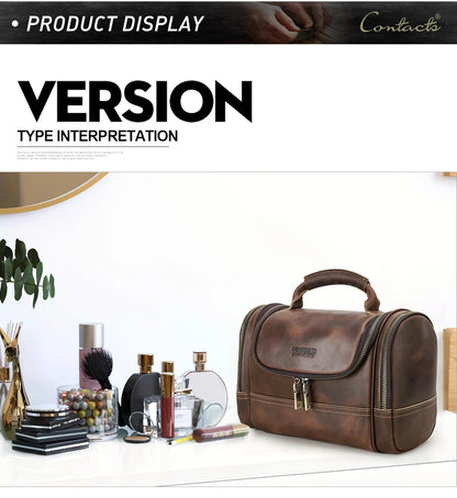 Men Genuine Leather Travel Business Toiletry Shaving Bag Women Retro Cosmetic Washing Shower Organizer Handbag Large Capacity