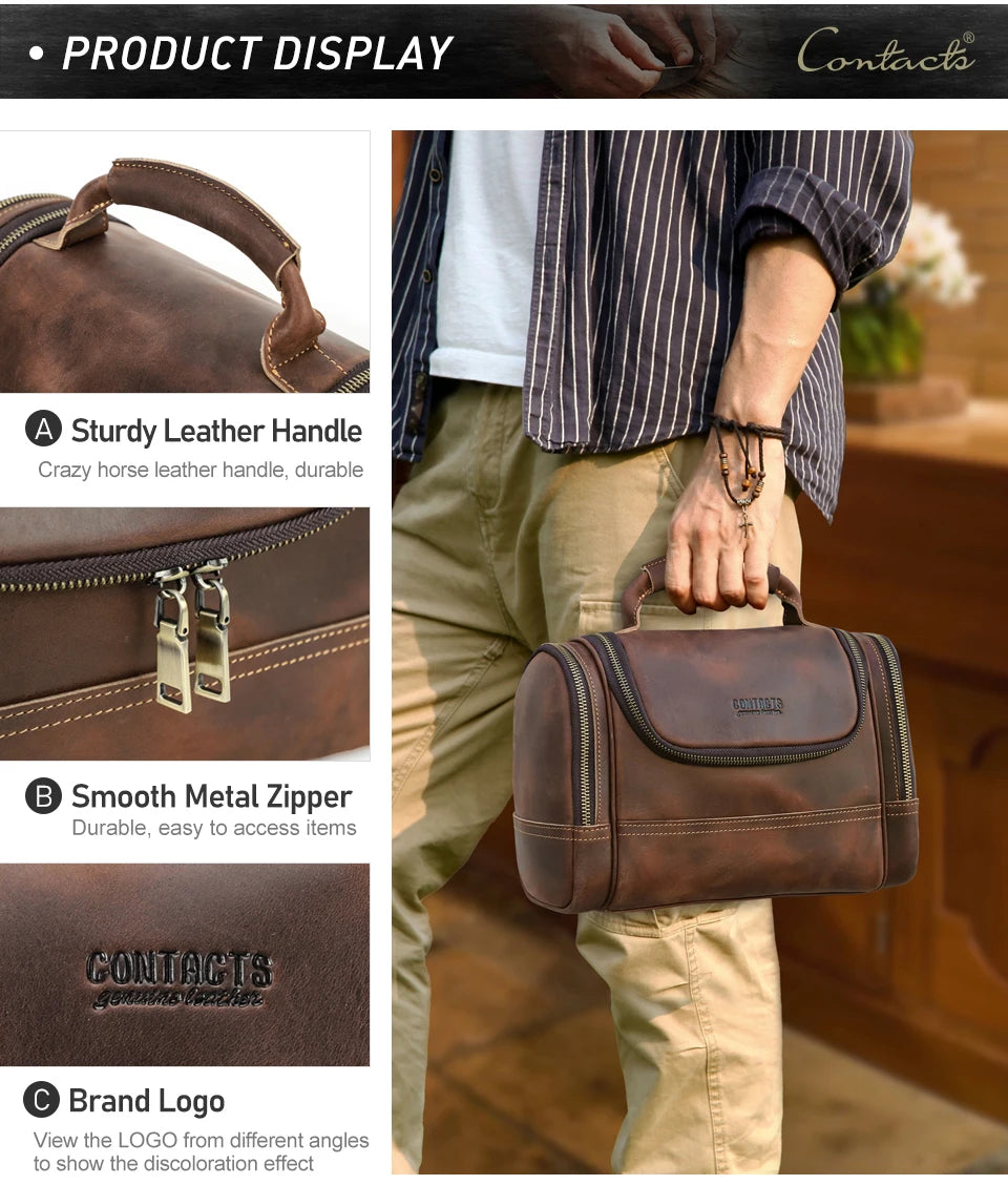 Men Genuine Leather Travel Business Toiletry Shaving Bag Women Retro Cosmetic Washing Shower Organizer Handbag Large Capacity