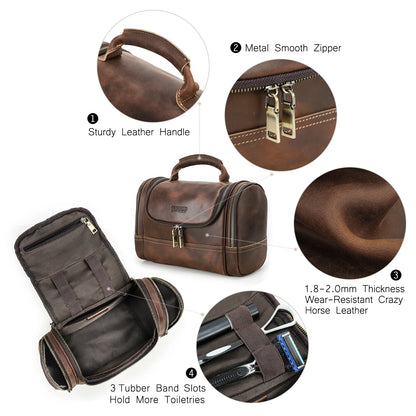 Men Genuine Leather Travel Business Toiletry Shaving Bag Women Retro Cosmetic Washing Shower Organizer Handbag Large Capacity