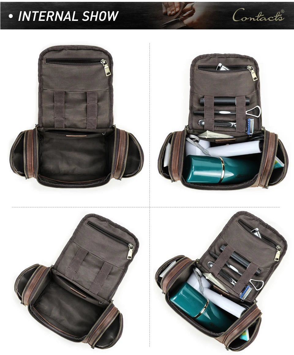 Men Genuine Leather Travel Business Toiletry Shaving Bag Women Retro Cosmetic Washing Shower Organizer Handbag Large Capacity