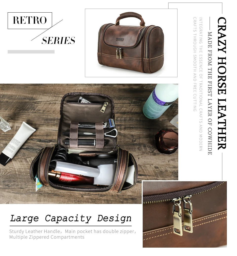 Men Genuine Leather Travel Business Toiletry Shaving Bag Women Retro Cosmetic Washing Shower Organizer Handbag Large Capacity