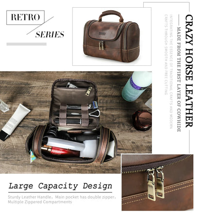 Men Genuine Leather Travel Business Toiletry Shaving Bag Women Retro Cosmetic Washing Shower Organizer Handbag Large Capacity