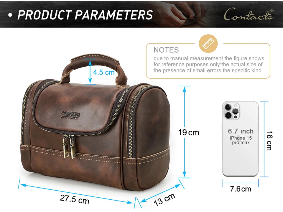 Men Genuine Leather Travel Business Toiletry Shaving Bag Women Retro Cosmetic Washing Shower Organizer Handbag Large Capacity
