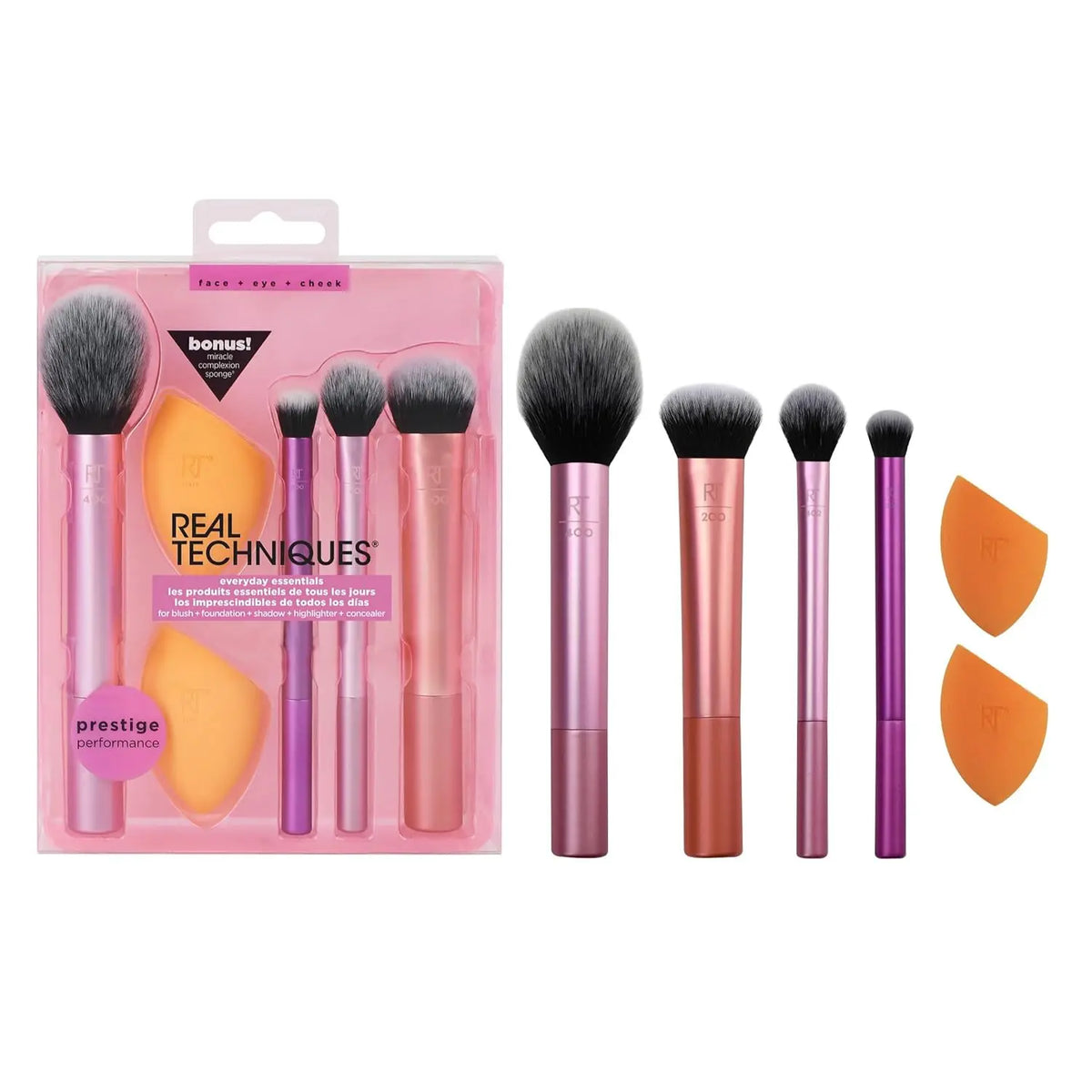 2026 Real Techniques 6 Piece Everyday Essentials Makeup Brush Set Sponges Blush Bronzer Contour Eyeshadow Powder Travel Gift Set