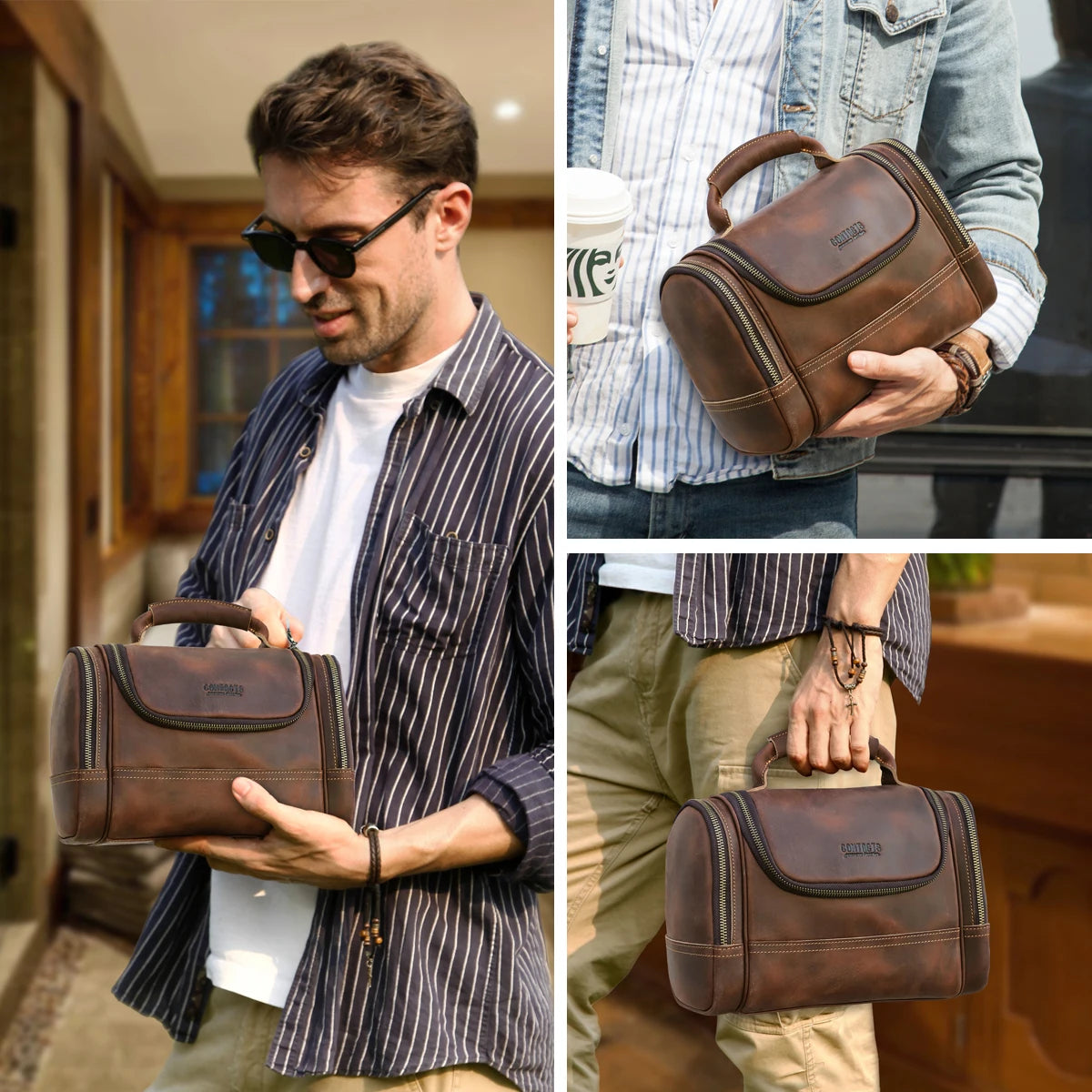Men Genuine Leather Travel Business Toiletry Shaving Bag Women Retro Cosmetic Washing Shower Organizer Handbag Large Capacity